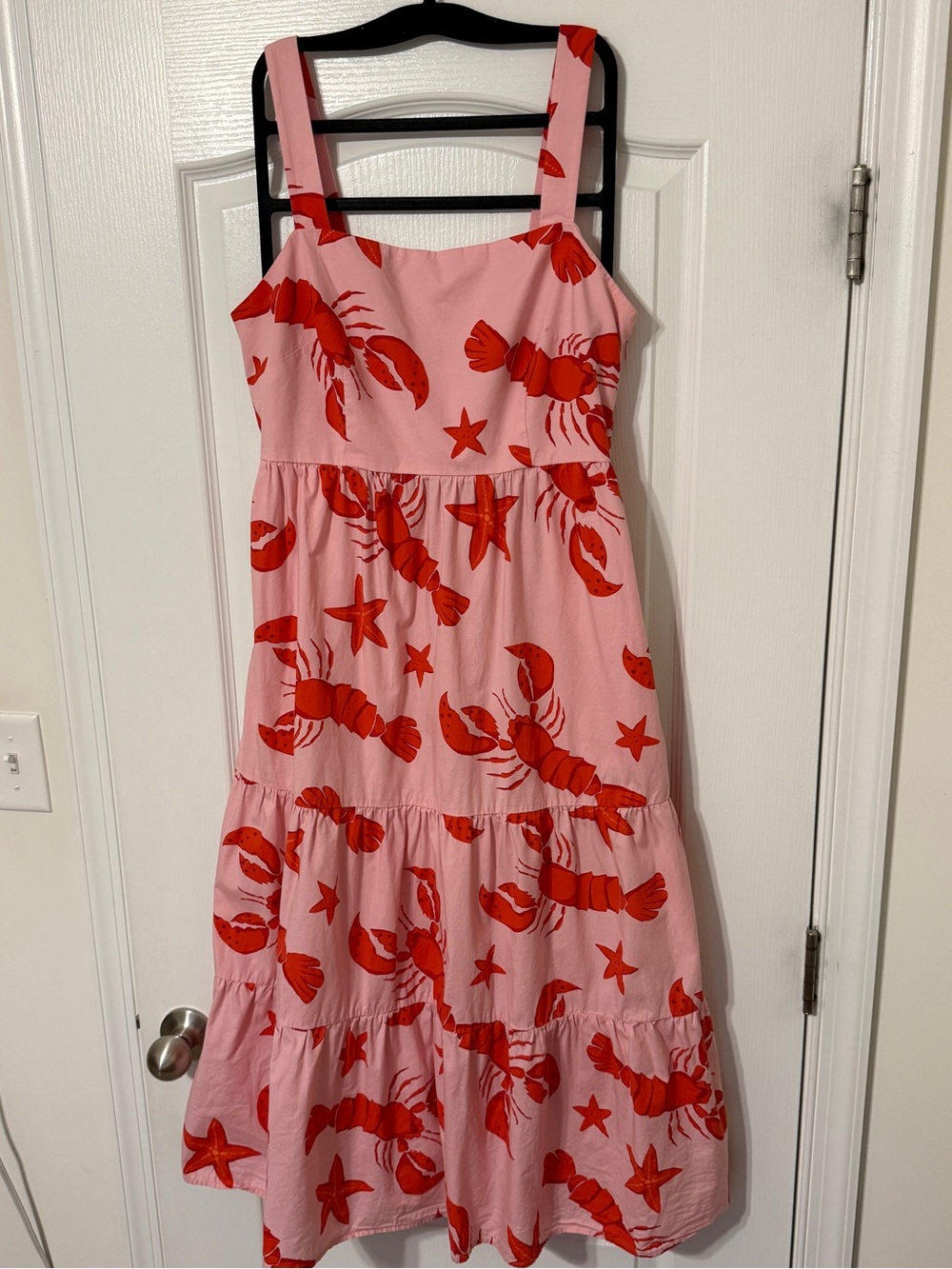 🦞 J.Crew Pink & Red Lobster Print Tiered Midi Sundress • Size 8 • EUC 🦞
